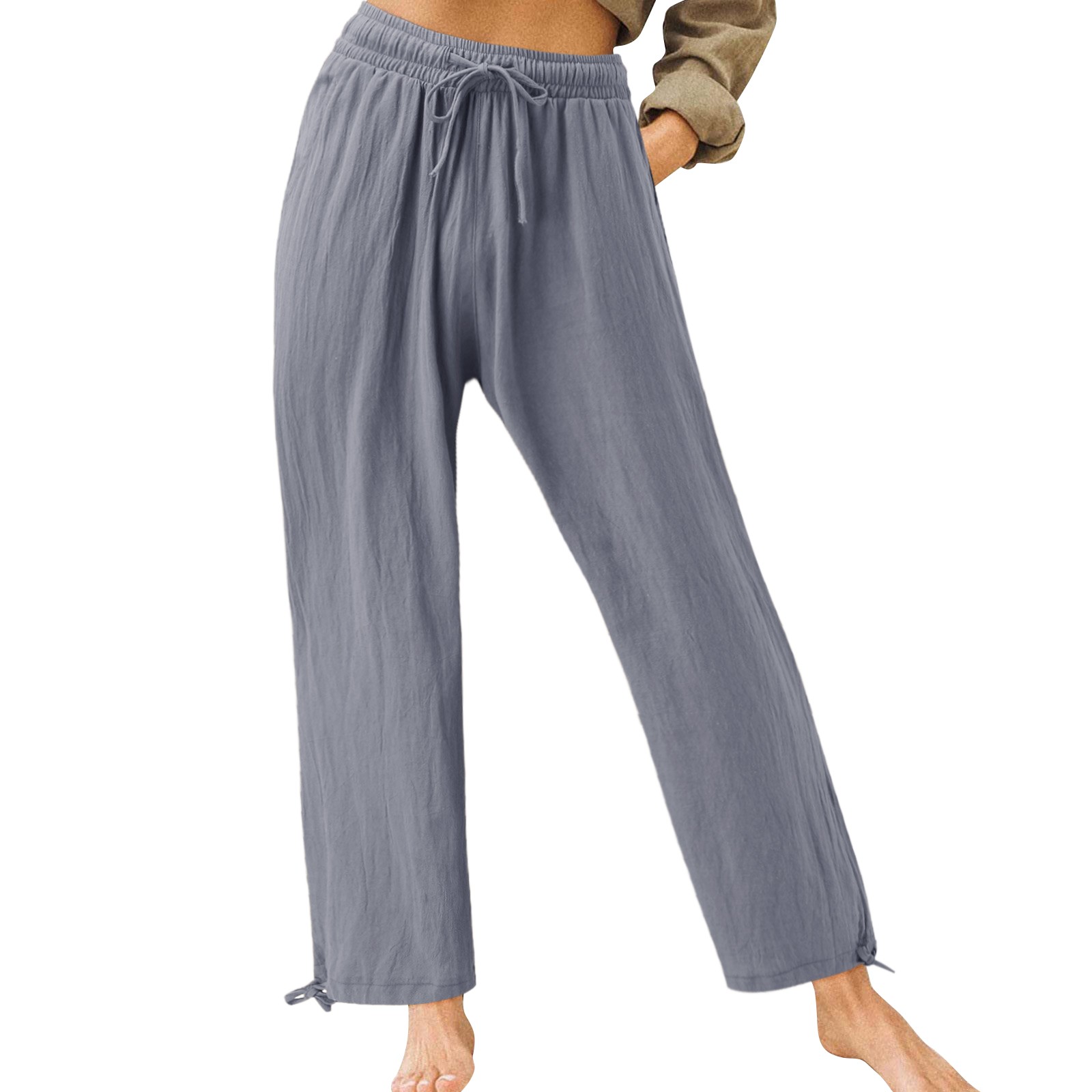 thumbnail image 3 of Pantalones holgados de algodón para mujer: pantalones de cintura alta con cordón, 90 % algodón/10 % poliéster, trabajo/ocio, todas las estaciones, 3 of 8